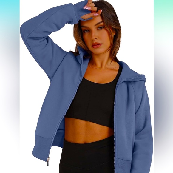 XIEERDUO Women Zip Up Hoodie Y2K Sweatshirt, with pockets & thumb holes, blue, L - Picture 2 of 9